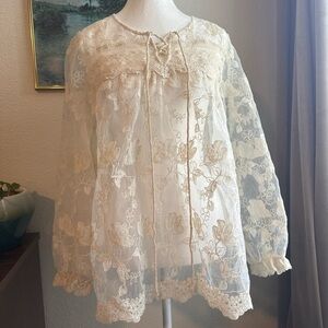 Sundance Sheer Floral Lace Blouse Boho Chic Coastal Cowgirl Cottagecore Retro